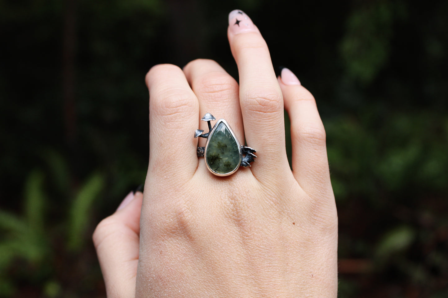 Mourning | Prehnite W/Wild Mushrooms | Ring Size:: 8.5