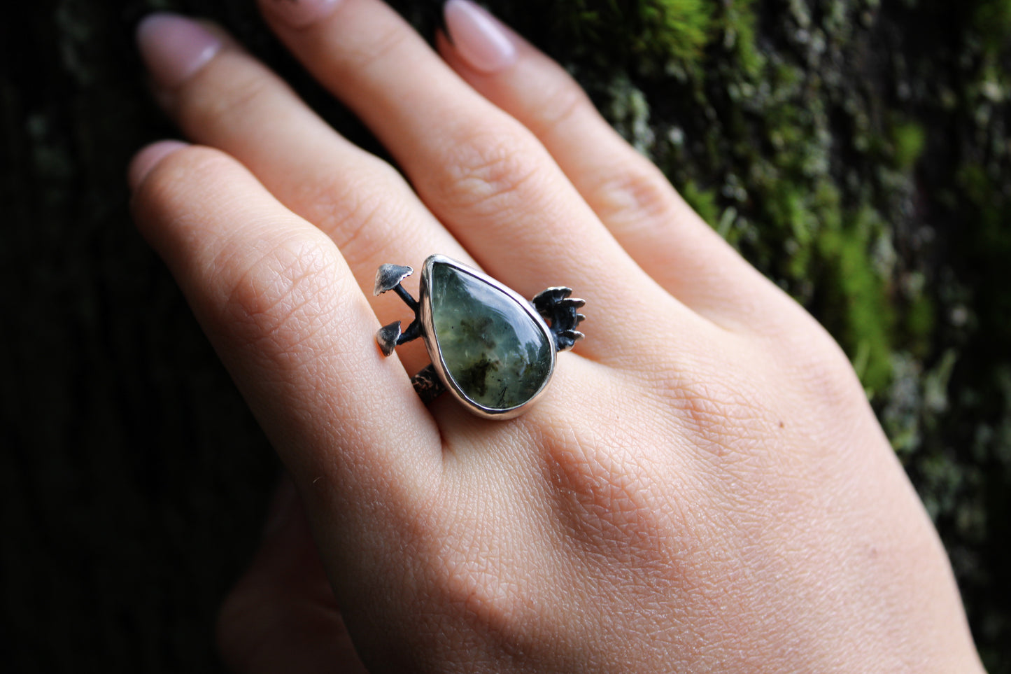 Mourning | Prehnite W/Wild Mushrooms | Ring Size:: 8.5