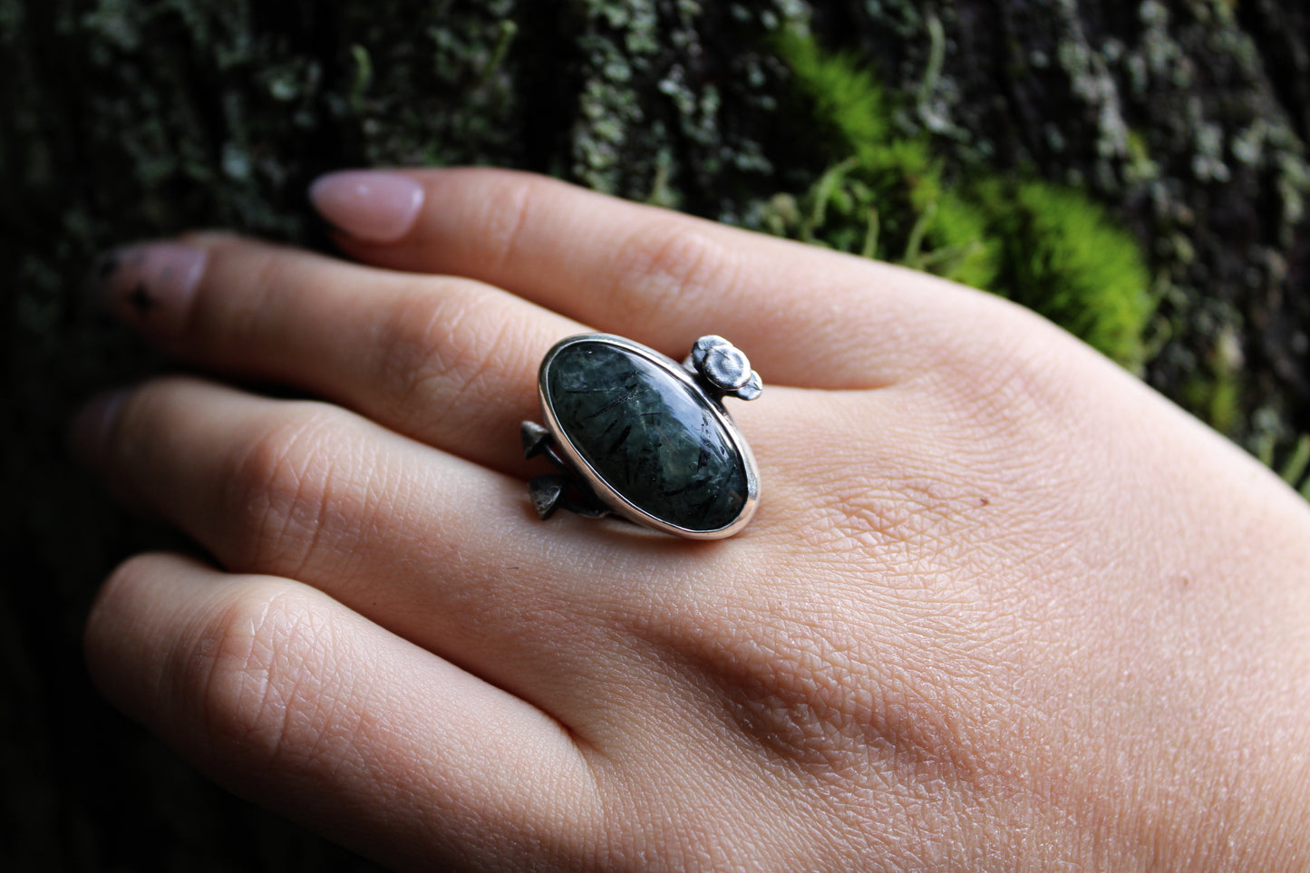 Mourning | Prehnite W/Wild Mushrooms | Ring Size:: 5.25